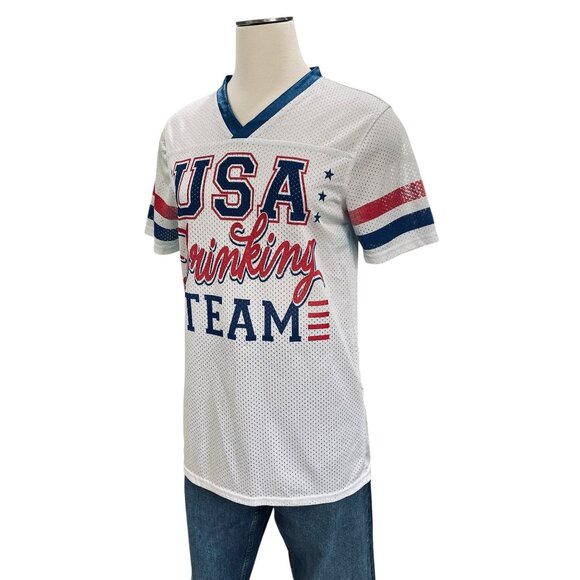 Spencers USA Drinking Team Jersey Shirt 76 White Mesh Red Blue Graphic Small - Picture 6 of 7